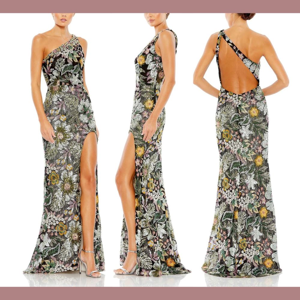 Nwt $698 Mac Duggal [ 4 ] 49574 Embellished Floral One Shoulder Gown Black